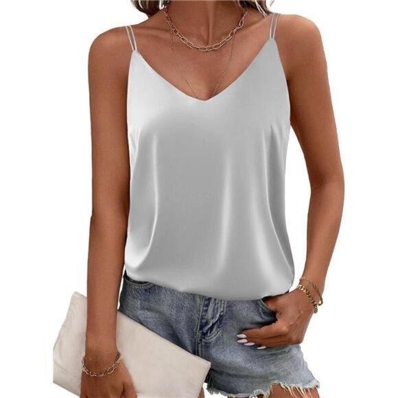 Womens Satin Camisole Tank Tops V Neck Grey - Picture 1 of 5